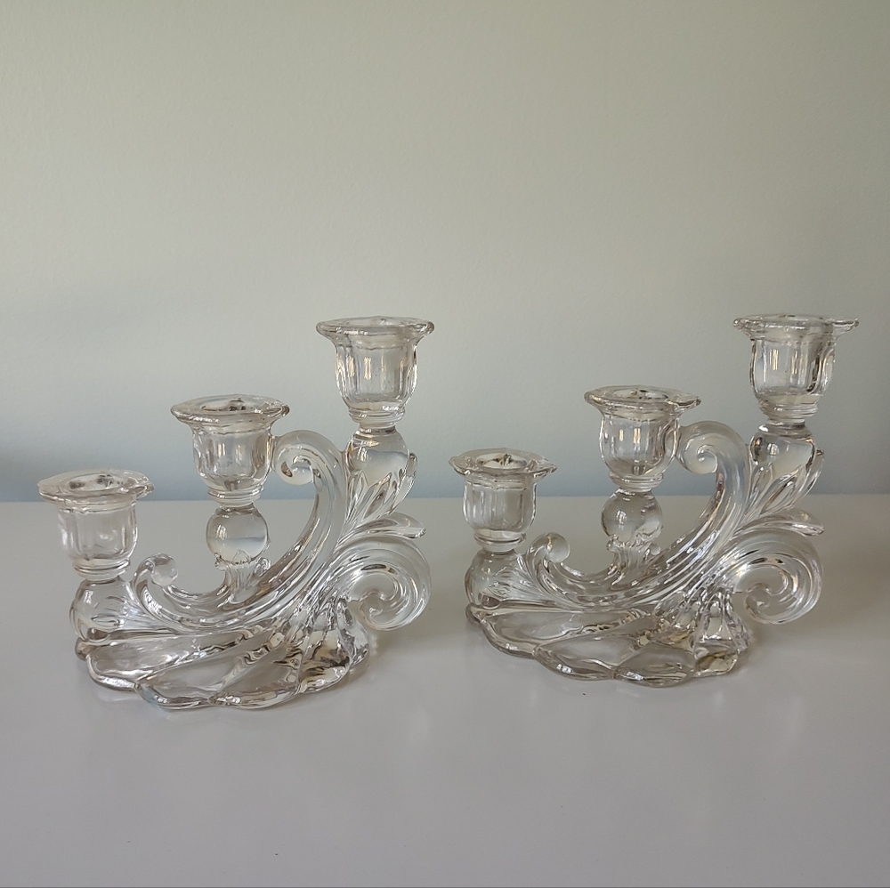 Vintage Cambridge Glass Caprice Three Light Candlestick Pair Chrystal Clear